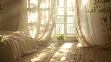 The sunlight filters through curtains creating a soft and dreamlike atmosphere in the room photo