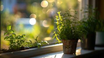 A small herb garden on the windowsill providing easy access to add a pinch of freshness to every dish photo