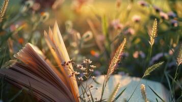 The pages of a journal turning in the wind wildflowers and tall grass swaying in the background giving off a peaceful and dreamy vibe photo