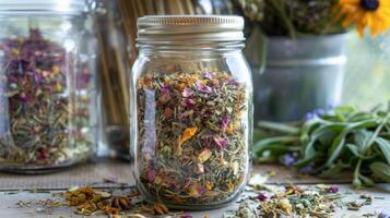 A mason jar filled with dried herbs and flowers carefully labeled with their healing properties and perfect for brewing a delicious herbal tea photo