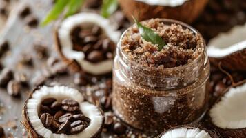 A closeup of a freshly made coffee and coconut oil body scrub perfect for exfoliating and smoothing rough skin photo