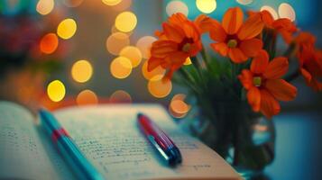 A journal with a pen and a bouquet of colorful pens ready for introspective writing photo