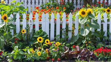 A small vegetable garden bursting with colorful produce surrounded by a white picket fence and towering sunflowers photo