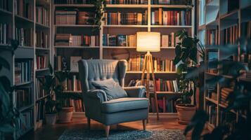 A cozy reading corner with a comfortable armchair soft lighting and a collection of calming books offering a peaceful escape from the chaos of everyday life photo