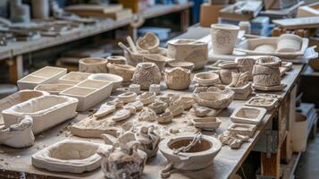 A table covered in different shapes and sizes of ceramic molds waiting to be filled with clay photo