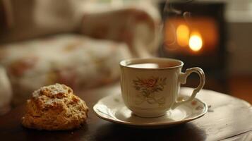 A steaming cup of tea paired with a freshly baked scone creating a moment of peaceful indulgence photo