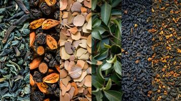 A collage of photographs featuring different types of tea leaves showcasing their unique shapes colors and textures photo