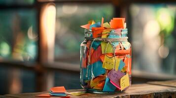 A picture of a gratitude jar filled with colorful slips of paper with daily blessings written on them photo