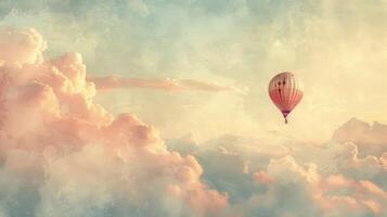 A whimsical pastel illustration of a hot air balloon floating in the sky with soft pale colors and fluffy clouds giving a dreamy and serene atmosphere photo