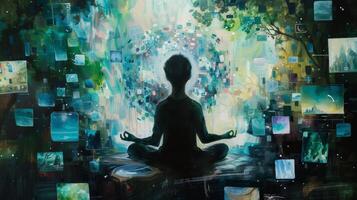 A painting of a person meditating surrounded by various technology devices softly playing soothing sounds and nature videos photo