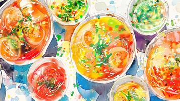 A series of watercolor paintings inspired by the cuisine of different cultures featuring colorful and flavorful dishes from around the world photo