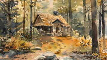 A cozy cabin in the woods brought to life through the use of delicate watercolor techniques photo