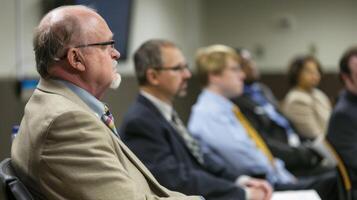An oil and gas company representative presents their concerns to a panel of policymakers emphasizing the need for fair and reasonable regulations photo