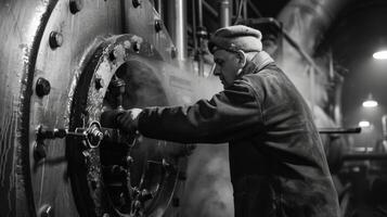 A worker inspecting the output of steam from a valve near the boiler photo