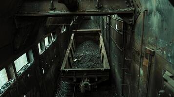 The inside of a hopper car being filled with coal from above photo