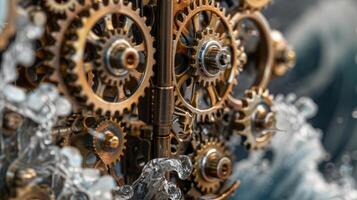 A closeup of a complex machine with intricate gears designed to capture the power of the crashing waves photo
