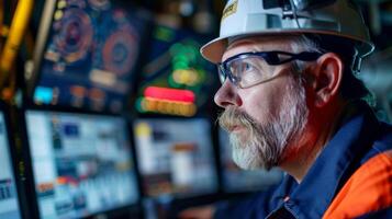 An engineer in a control room monitoring pressure levels and data readings from the drilling site photo