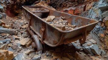 A shattered mine cart covered in layers of reddishbrown rust from years of neglect photo