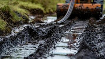 A thick layer of dark wet peat being lifted out of a drainage channel with the help of a machine a common sight in areas where peat is used for fuel photo