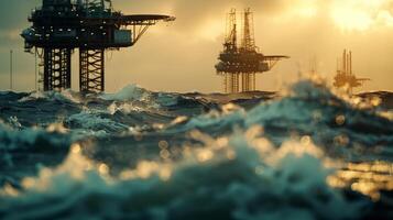 The sea is constantly in motion below with waves crashing against the rigs supports and structures photo