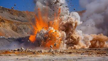 A large explosion at a mining site as dynamite is used to blast through tough layers of mineralrich earth photo