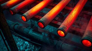 A series of pipes glowing red with hea photo