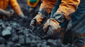 A team of workers wearing hard hats and gloves odically inspect and sort through piles of coal removing any impurities by hand photo