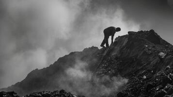 A worker climbs atop a pile of coal sweeping away excess dust and debris to prepare it for the cleaning process photo