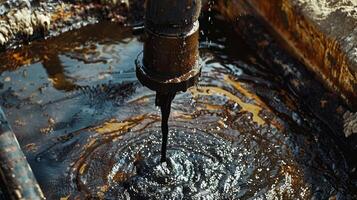 A steady stream of black gold flowing from the derrick and into a nearby storage tank photo