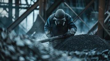 A worker wears a respirator mask as they use an industrial vacuum to up and dispose of leftover dust and dirt from the coal cleaning process photo