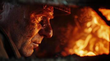 The glow of the furnace reflecting in the stokers eyes as he stares into the depths of the fire photo