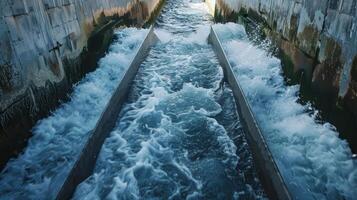 The powerful rush of water through a narrow channel is harnessed by a tidal energy converter converting it into a source of sustainable energy photo
