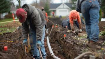 A team of workers carefully digging up the ground to create a trench for the underground pipes of a geothermal heat pump system photo