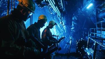 A team of engineers monitoring pressure levels and flow rates of a subsea oil pipeline photo