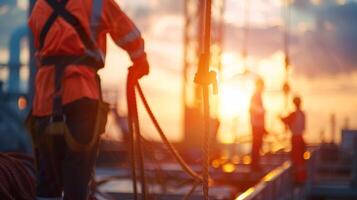 A group of construction workers securing the structure of an offshore wind turbine with ropes photo