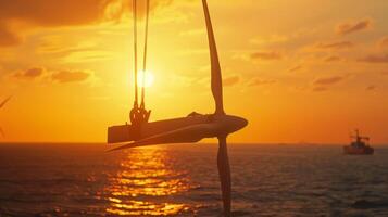 The sun setting in the background as an offshore wind turbine is lifted into position photo