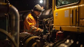 A maintenance worker refills the diesel tank ensuring the generator can continue to run throughout the night photo