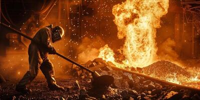 A furnace operator using a longhandled ladle to skim impurities off the surface of molten metal photo