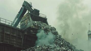 A massive pile of garbage being loaded into the mouth of a large incinerator photo