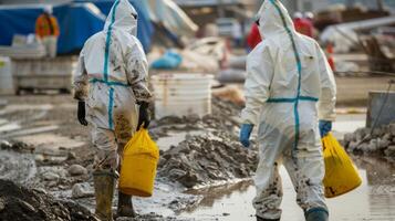 Workers wearing protective gear as they remove hazardous waste from the site photo