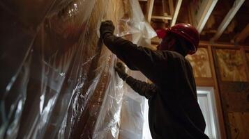 A worker installs a layer of vapor barrier onto the interior walls of a building preventing moisture from damaging the insulation and creating mold photo
