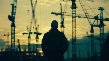 Emblematic of a busy construction site a supervisor stands in the center of several cranes directing their synchronized movements photo