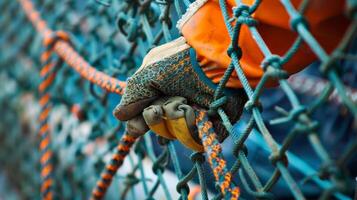 A construction worker attaching hooks and ties to the netting reinforcing its strength and stability photo