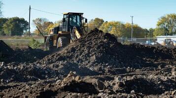 A large bulldozer pushing mounds of soil and rocks into designated piles for later use photo
