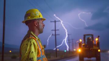 Safety precautions are in place to protect workers from lightning strikes during a severe thunderstorm highlighting the importance of prioritizing safety during challenging weathe photo