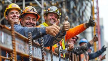 Smiling workers raise their thumbs in approval as they complete the installation of a section of steel framework photo