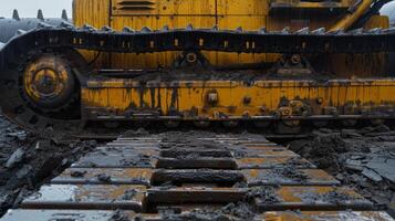 A lone bulldozer sitting idle its large tracks still covered in dew waiting to be fired up and put to work photo