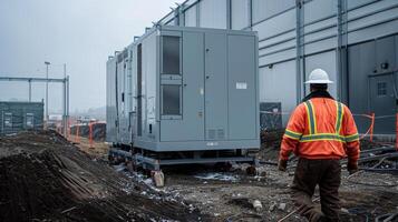 A worker directing the placement of a large generator at the site to provide backup power for the grid photo