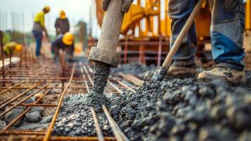 A team of workers is pouring concrete into the foundation of the barrier ensuring stability and strength photo