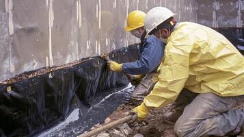 Two workers wearing protective gear and masks apply a tarbased waterproofing membrane to the exposed concrete foundation of a residential home photo